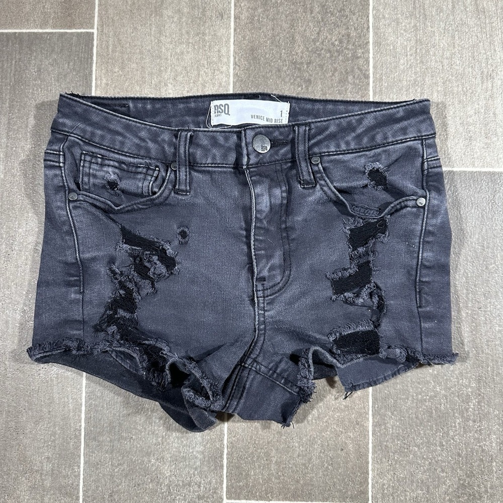 RSQ Venice Mid Rise Distressed Denim Shorts Dark Gray Womens Size 1 Cut Offs